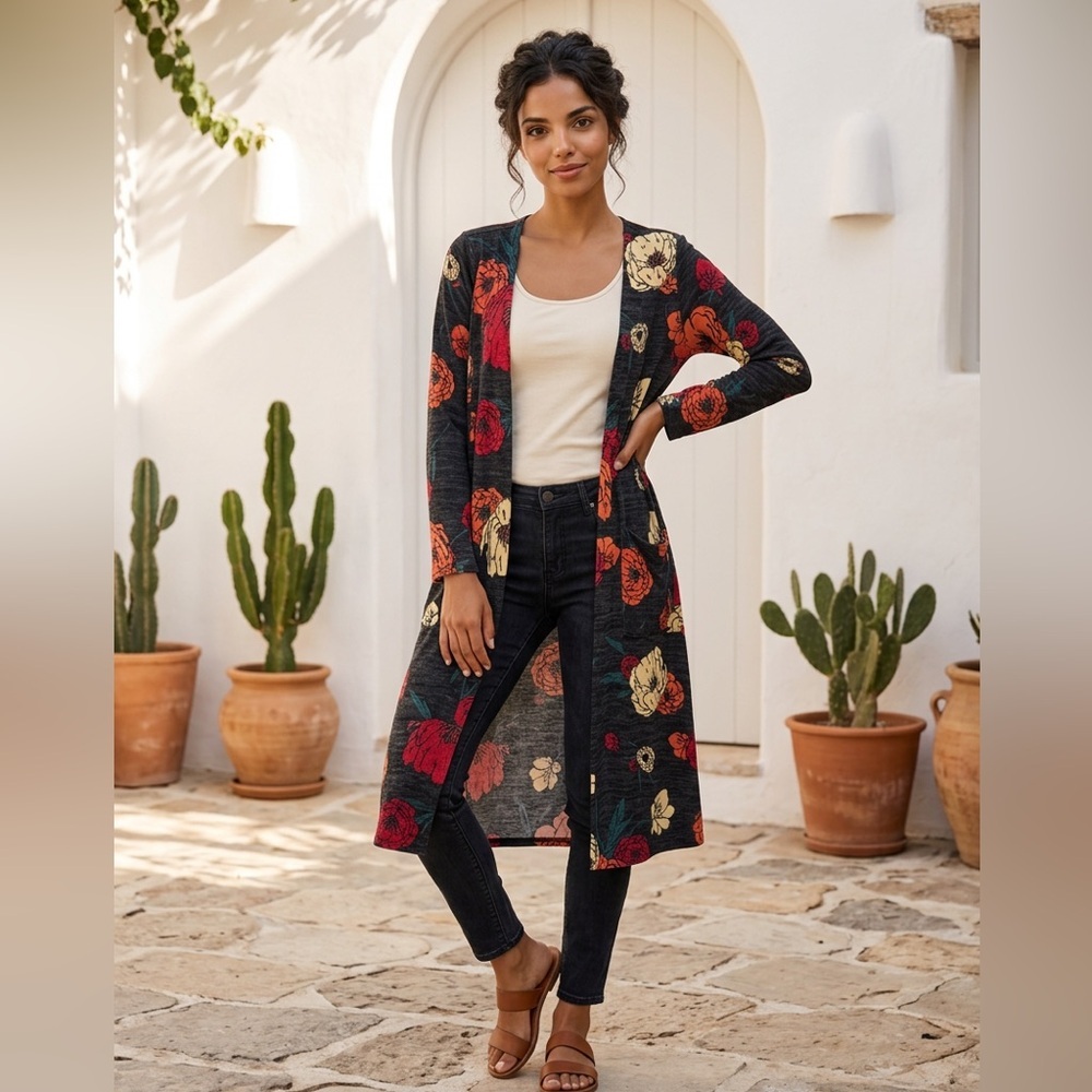 LuLaRoe Floral Cardigan - Black with Red and Cream